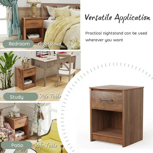 Costway Shielded Wooden Nightstand Drawer and Open Storage Compartment, Brown, HU10062CF