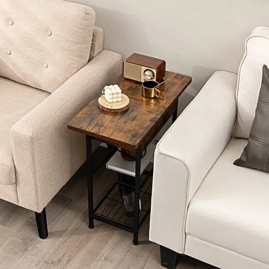 Costway Side End Table Charging Station Flip-Up Top Living Room, Rustic Brown, JV10500US-CF