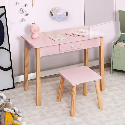 Costway Sleek 2--1 Children Vanity Table Stool Set Mirror, Pink, HY10090PI
