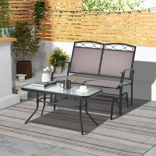 Costway Sleek Outdoor Gliding Loveseat Chair Tempered Glass Coffee Table-2 Pcs, NP10952BN-1