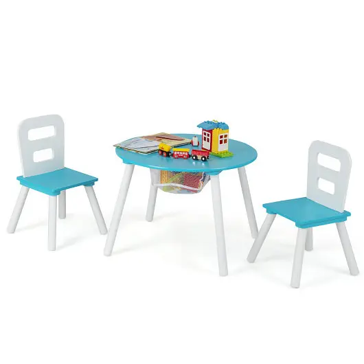 Costway Sleek Wood Activity Kids Table and Chair Set Center Mesh Storage, Blue, HW67056GN