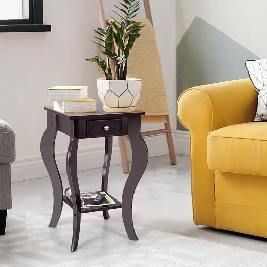 Costway Slim 2-Tier End Table Drawer and Shelf Living Room Bedroom, Brown, HW66939CF