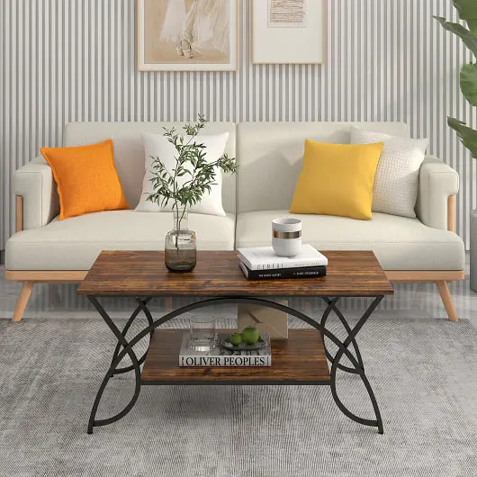 Costway Small 2-Tier Faux Marble Coffee Table Marble Top and Metal Frame, Rustic Brown, HV10267CF