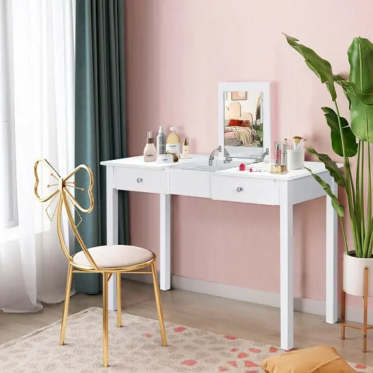 Costway Small Modern Vanity Dressing Table 1 Flip Top Mirror and 2 Drawers, HW65950