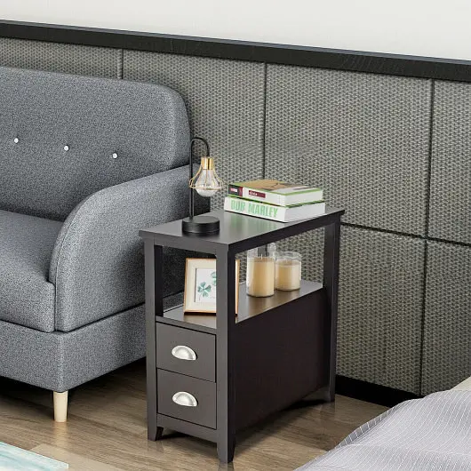 Costway Smooth Set 2 End Table Wooden 2 Drawer & Shelf Bedside Table, Dark Tan, HW63252CF-2