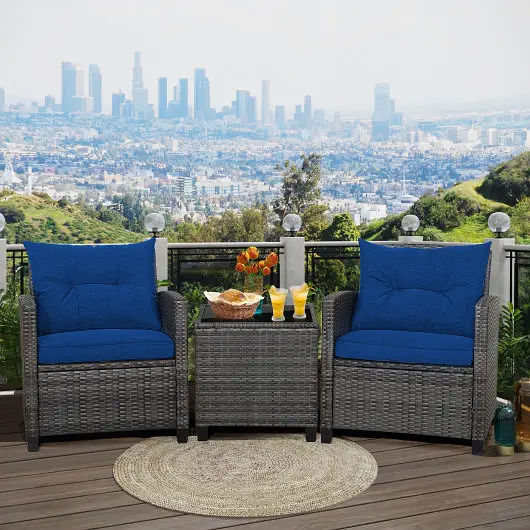 Costway Smooth-Operating 3 Individual Outdoor Wicker Conversation Set Tempered Glass Tabletop, Navy, HW70267NY
