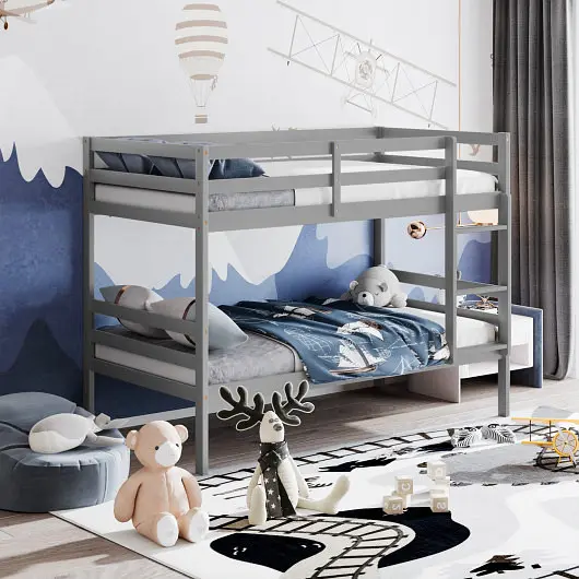 Costway Smooth-Operating Twin Size Robust Wooden Bunk Beds Ladder and Securety Rail, Gray, HW62351GY