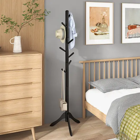 Costway Snap-On Adjustable Wooden Tree Coat Rack 8 Hooks, Black, HW65612BK