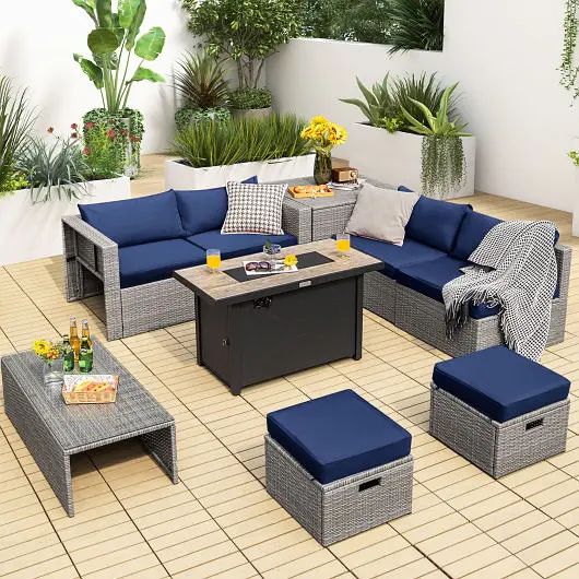 Costway Snap-On 9 Quantity Patio Furniture Set 42 Inches 60000 BTU Fire Pit, Navy, OP70369+HW68604NY+