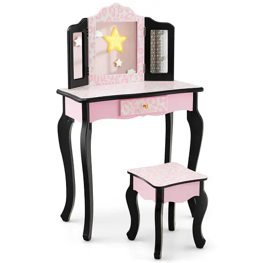Costway Solid Kid Vanity Set Tri-Folding Mirror and Leopard Print, Pink, HY10066US-PI