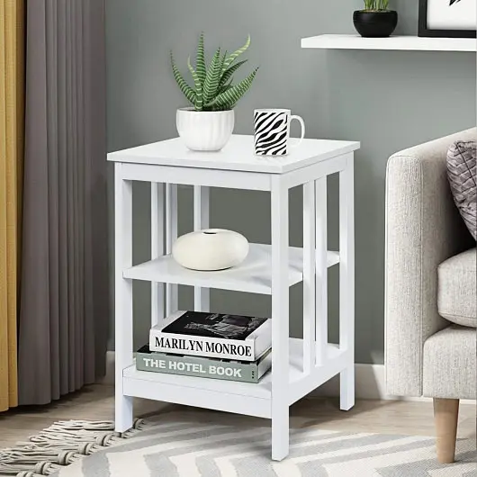 Costway Solid 2 Pieces 3-Tier Nightstand Reinforced Bars and Stable Structure, Off-White, HW65689WH-2