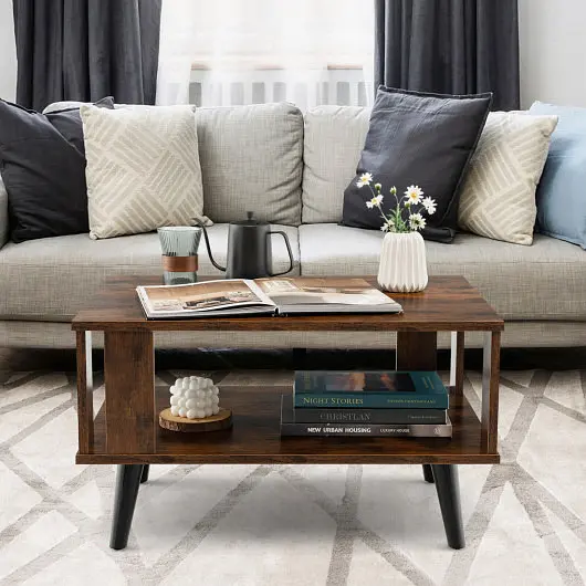 Costway Space-saving Retro Mid-Century Coffee Table Storage Open Shelf, Rustic Brown, HV10347CF
