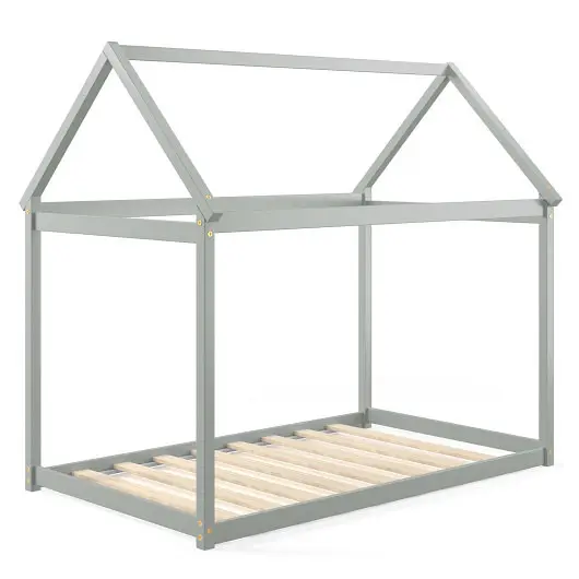 Costway Stable Kids Platform Floor Bed Roof ang Heavy-Duty Slats, Gray, HU10054GY