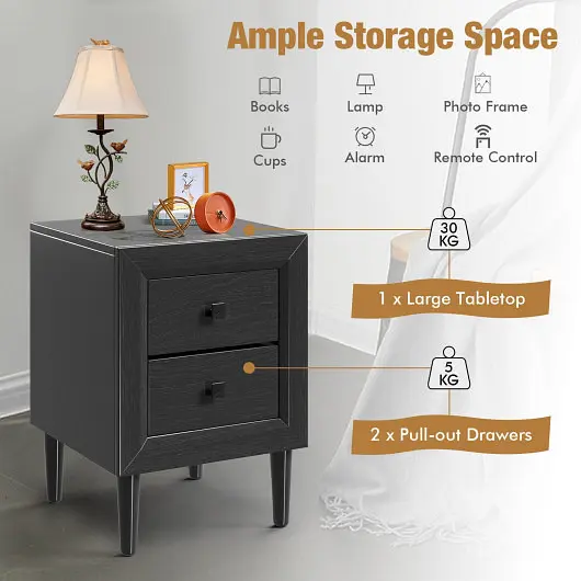 Costway Standard Multipurpose Retro Bedside Nightstand/End Table 2 Drawers, Black, HW61187BK