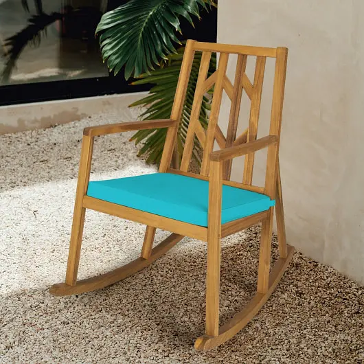 Costway Standard Patio Acacia Wood Rocking Chair Sofa Armrest and Cushion Garden and Deck, Turquoise, OP70342TU