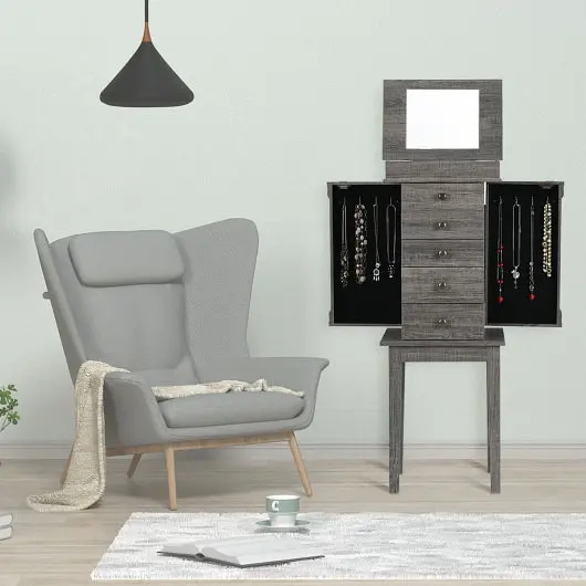 Costway Standing Jewelry Cabinet Storage Arranger Wooden Legs, Slate Gray, HW65839