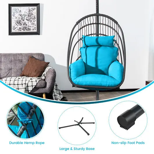 Costway Strong Hanging Folding Egg Chair Stand Soft Cushion Pillow Swing Hammock, Turquoise, NP10351TU