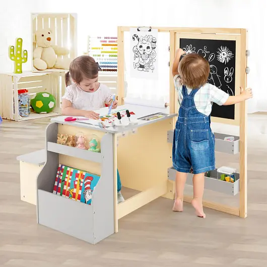 Costway Strong Kids Art Center Wooden Table Bench Set, Gray, TM10078GR