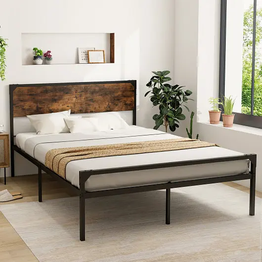 Costway Strong Platform Bed Rustic Headboard and Footboard, Queen Size, HU10110-Q