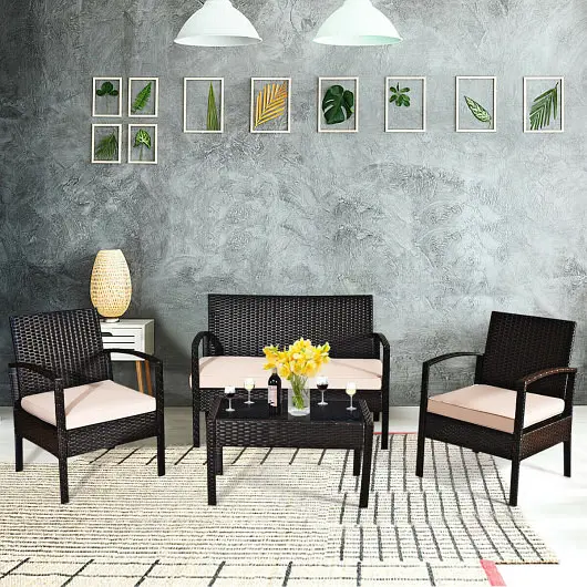 Costway Strong 4 Quantity Patio Ratten Conversation Set Loveseat Sofas and Coffee Table, HW68722