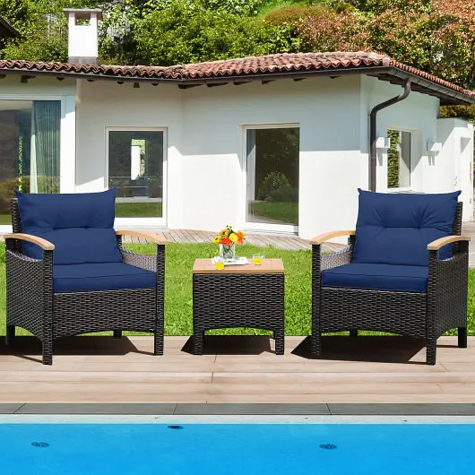 Costway Strong 3 Units Patio Rattan Furniture Set Removable Cushion, Navy, HW70448NY