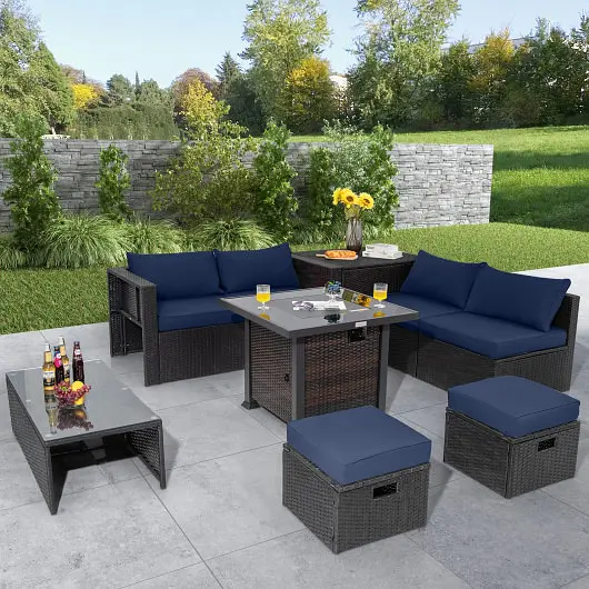 Costway Superior 9 Pieces Patio Furniture Set 32” Fire Pit Table and 50000 BTU Square Propane Fire Pit, Navy, NP10618CF+...