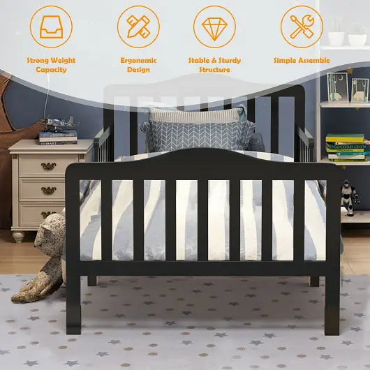 Costway Superior Timeless Design Kids Wood Toddler Bed Frame Two Side Securety Guardrails, Black, HW64105BK