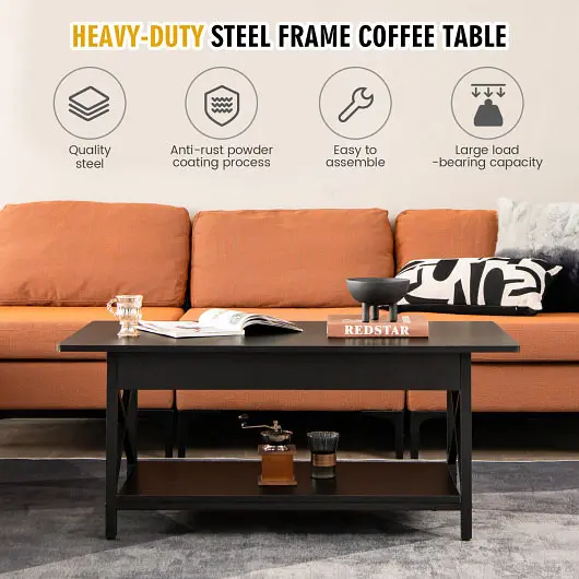 Costway Super-Strong 2-Tier Industrial Rectangular Coffee Table Storage Shelf, Onyx, JV10632DK