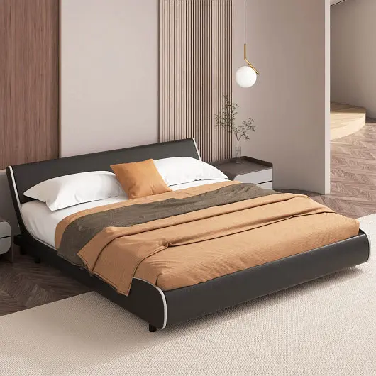 Costway Super-Strong Upholstered Platform Bed Frame Countersunk Faux Leather Curved Headboard-King Size, HU10309DK-K