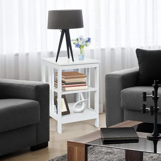 Costway Sustainable 3-Tier Nightstand Sofa Side Table Baffles and Roundecorners, White, HW65689WH