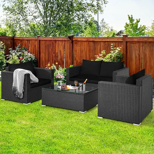 Costway Sustainable 4 Pieces Patio Rattan Conversation Set Padded Cushion and Tempered Glass Coffee Table, Black, HW65410BBK+