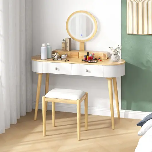 Costway Textured Makeup Vanity Table Set LED Mirror and 3 Spacious Drawers, Cream, Natural Wood, JV11563NA