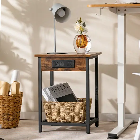 Costway Textured 2 Pieces Bedside Nightstand Set Open Shelf and Charging Station, Rustic Brown, HU10464US-2CF