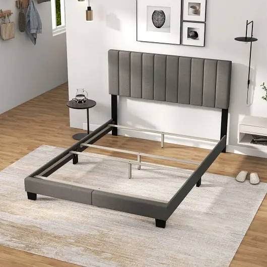 Costway Textured Queen Size Upholstered Bed Frame Vertical Channel Tufted Headboard Charcoal, HU10565GR-Q