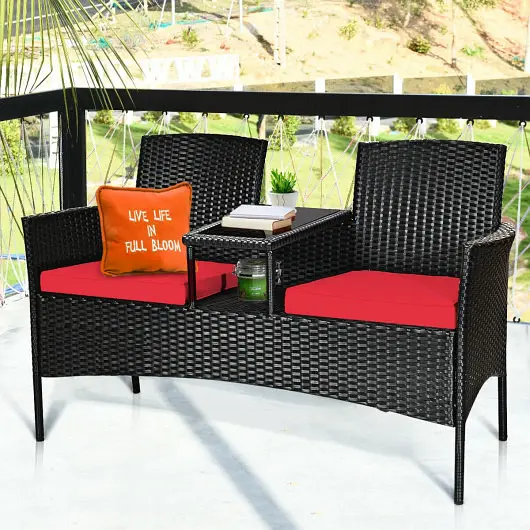 Costway Textured Wicker Patio Conversation Furniture Set Removable Cushions and Table, Red, HW63234RE