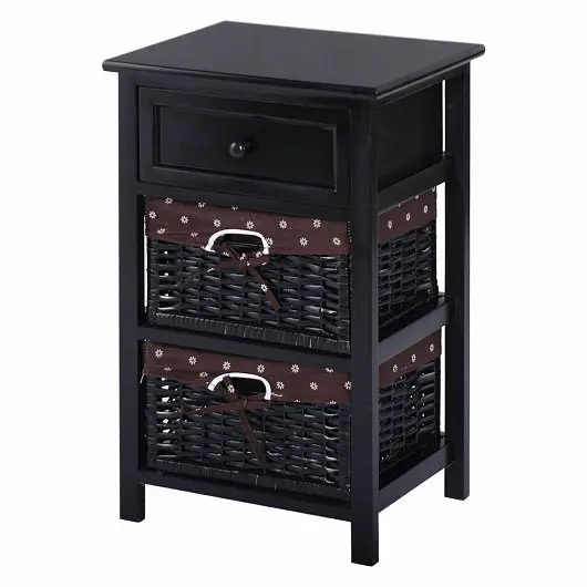 Costway 3 Tier Set 2 Wood Nightstand 1 and 2 Drawer, Black, HW54405BK-2
