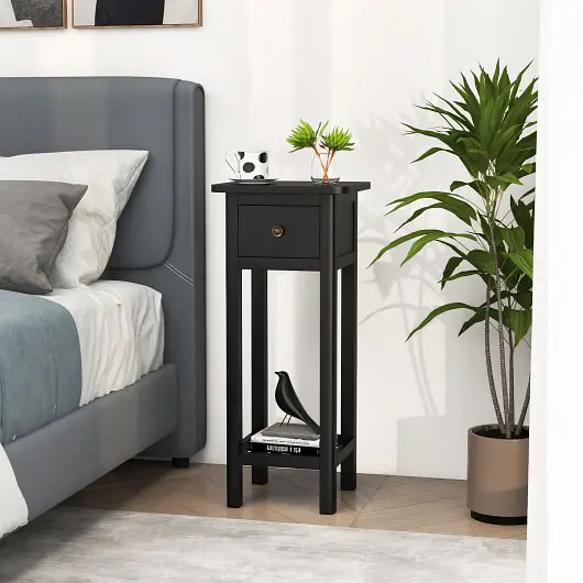 Costway 2 Tier Slim Nightstand Bedside Table Drawer Shelf, Carbon Black, JV10760BK