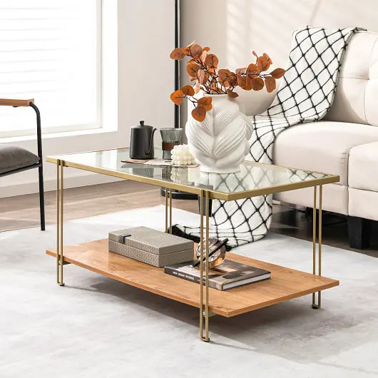 Costway 2 Tiers Rectangle Glass Coffee Table White and Gold Steel Frame, Golden, HV10334GD
