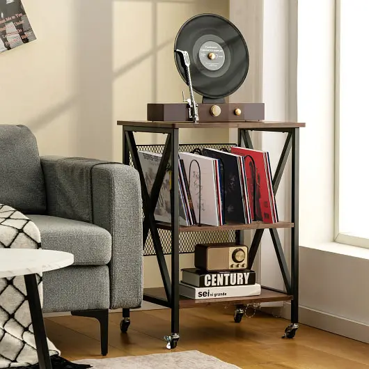 Costway 3 Tiers Vintage Style Rolling End Table 3 Dividers Albums, Brown, JZ10096CF