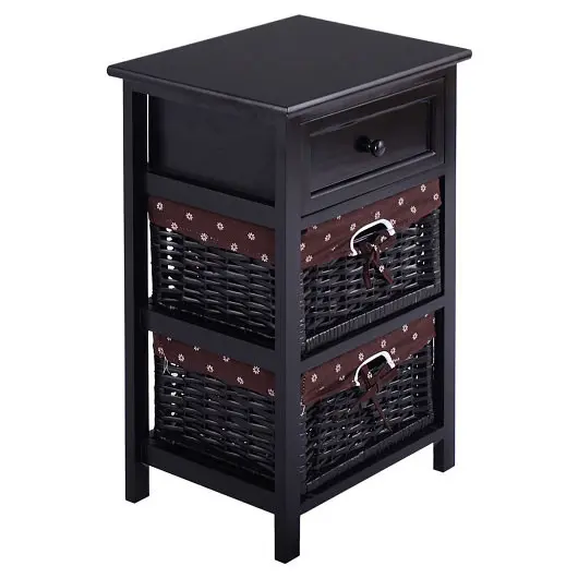 Costway 3 Tiers Wooden Storage Nightstand 2 Binquireets and 1 Drawer, Onyx, HW54405BK