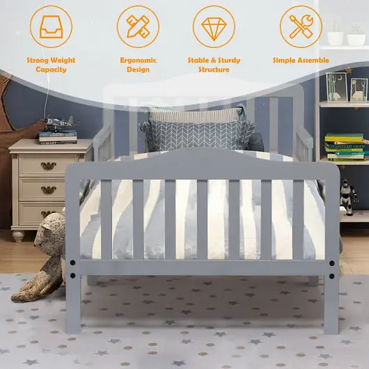 Costway Timeless Design Kids Wood Toddler Bed Frame Two Side Securety Guardrailss, Gray, HW64105GR