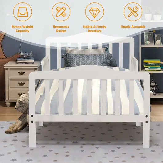 Costway Timeless Design Kids Wood Toddler Bed Frame Two Side Securety Guardrails, Ivory, HW64105WH