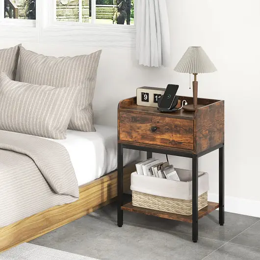 Costway Time-Tested Industrial Bedside Table Nightstand Charging Station, Rustic Chocolate, HU10500US-CF