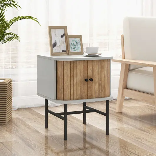 Costway Time-Tested Mid-century Modern Nightstand Sliding Doors and Storage Cabinet, White, HU10557WH