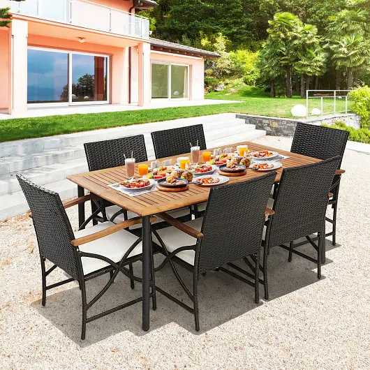 Costway Time-Tested Outdoor Dining Set Acacia Wood Table-6 Pcs +, HW70832-2+HW70832-4+KC55629