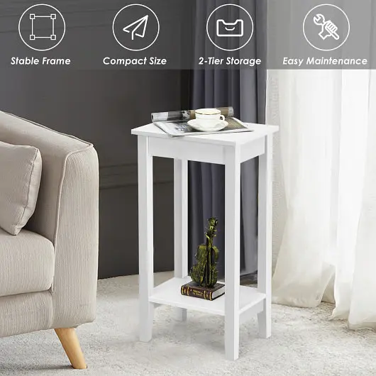 Costway Top-Quality 2-Tier Nightstand End Side Wooden Legs Table Bedroom, White, HW66237WH