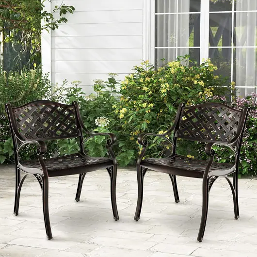 Costway Top-Tier Cast 7075 Aluminum Patio Chairs Set 2 Dining Chairs Armrests Diamond Pattern, Bronze, NP11468WN-2