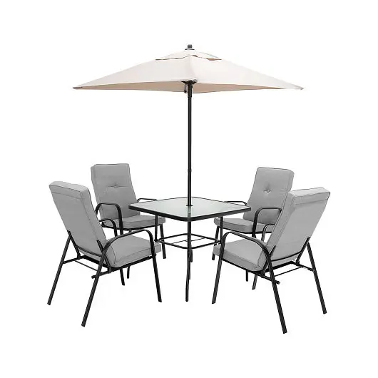 Costway Top-Tier 6 Units Patio Dining Set Umbrella and Stackable Cushioned Chairs, NP10405+