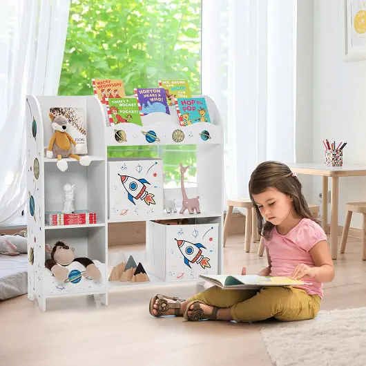 Costway Top-Tier Wooden Children Storage Cabinet Storage Bins, Rockets and Planets, JZ10078