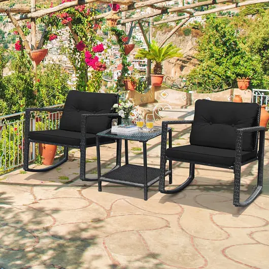 Costway Tough 3 Pieces Cushioned Patio Rattan Set Rocking Chair and Table, Onyx, HW62861DK